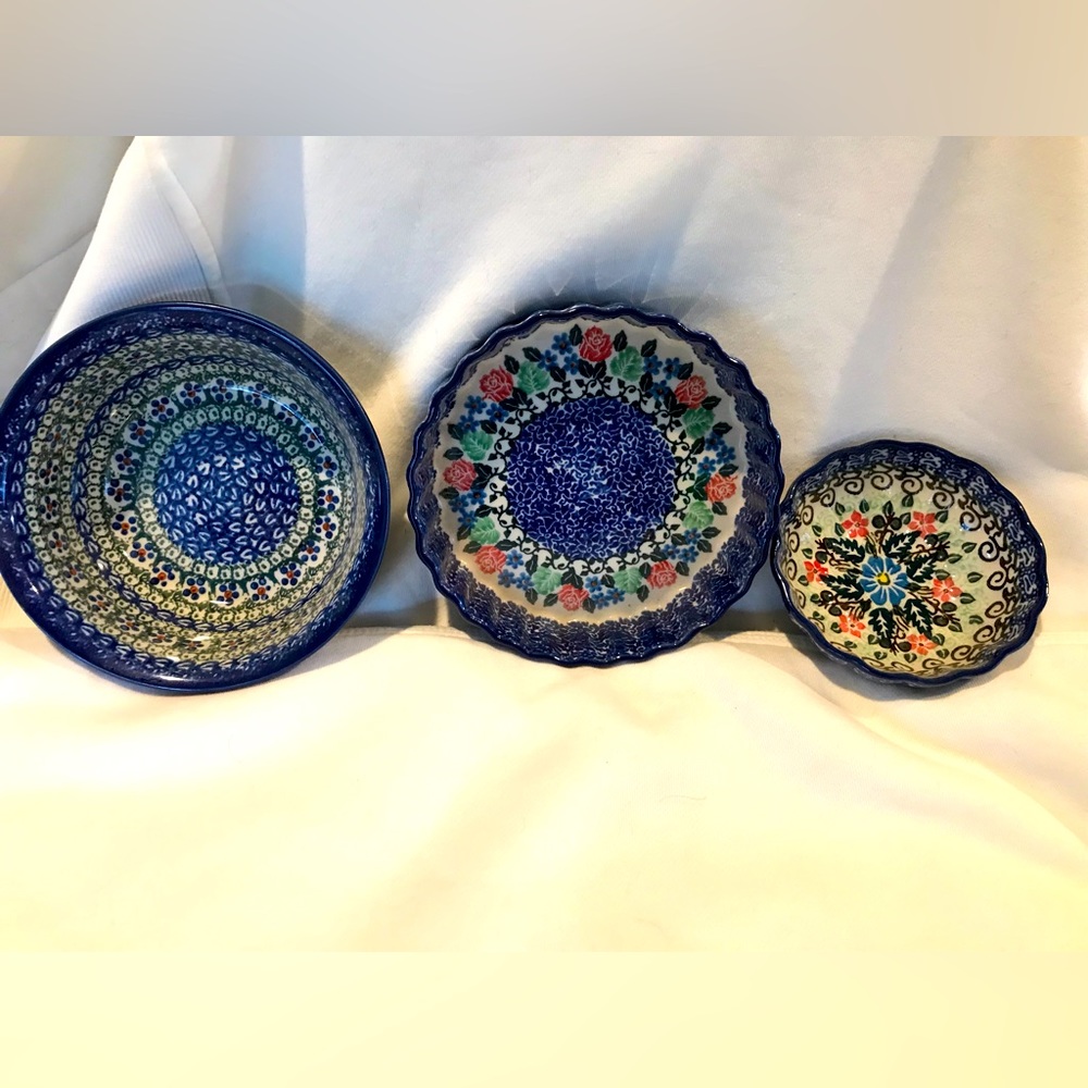 3 Piece Set Lot Unikat Vintage Polish Pottery Quiche Bowl Finger Bowl 🌹Roses 💙